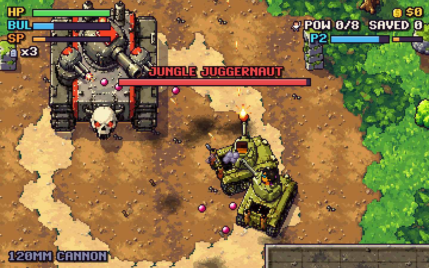 Two of the squad's tanks firing on a giant enemy tank with three turrets and a skull on its front.