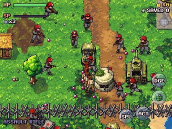 Rex on foot, leading freed prisoners past enemy soldiers and a tank, a row of tank traps behind them.