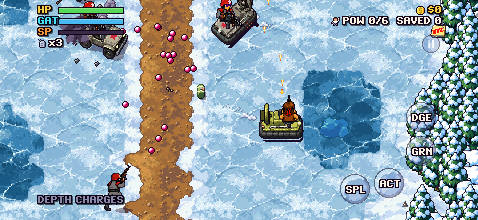 The hovercraft out on a frozen lake, enemy soldiers on the ice.