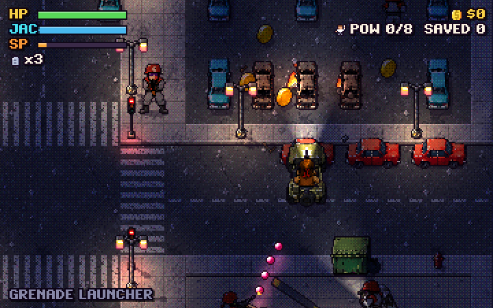 A city street at night, the jeep's headlights on, wrecked cars burning by the curb.